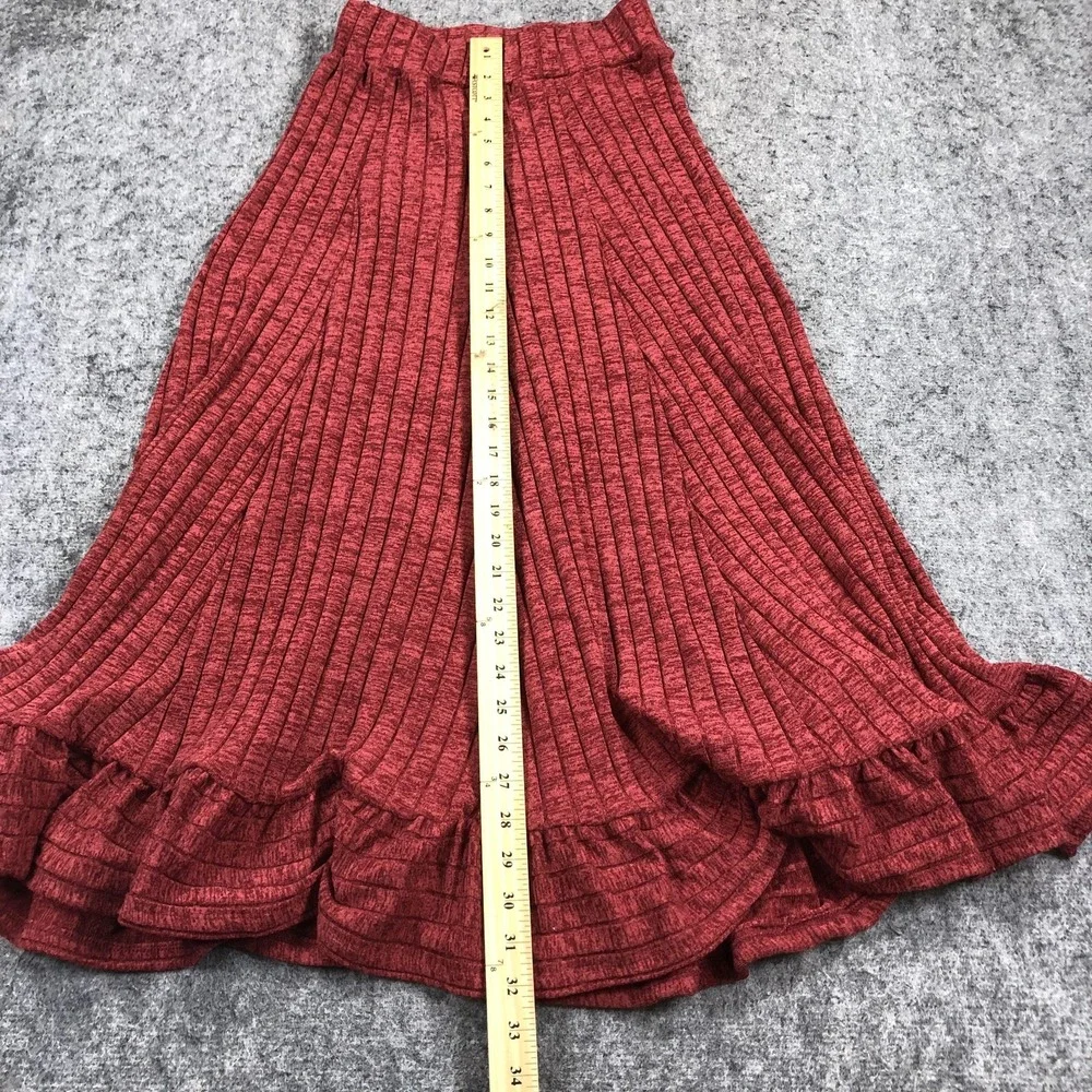 Anthropologie Skirt Womens XS Red Ribbed Knit Flare Ruffle Hem Midi Stretch Date